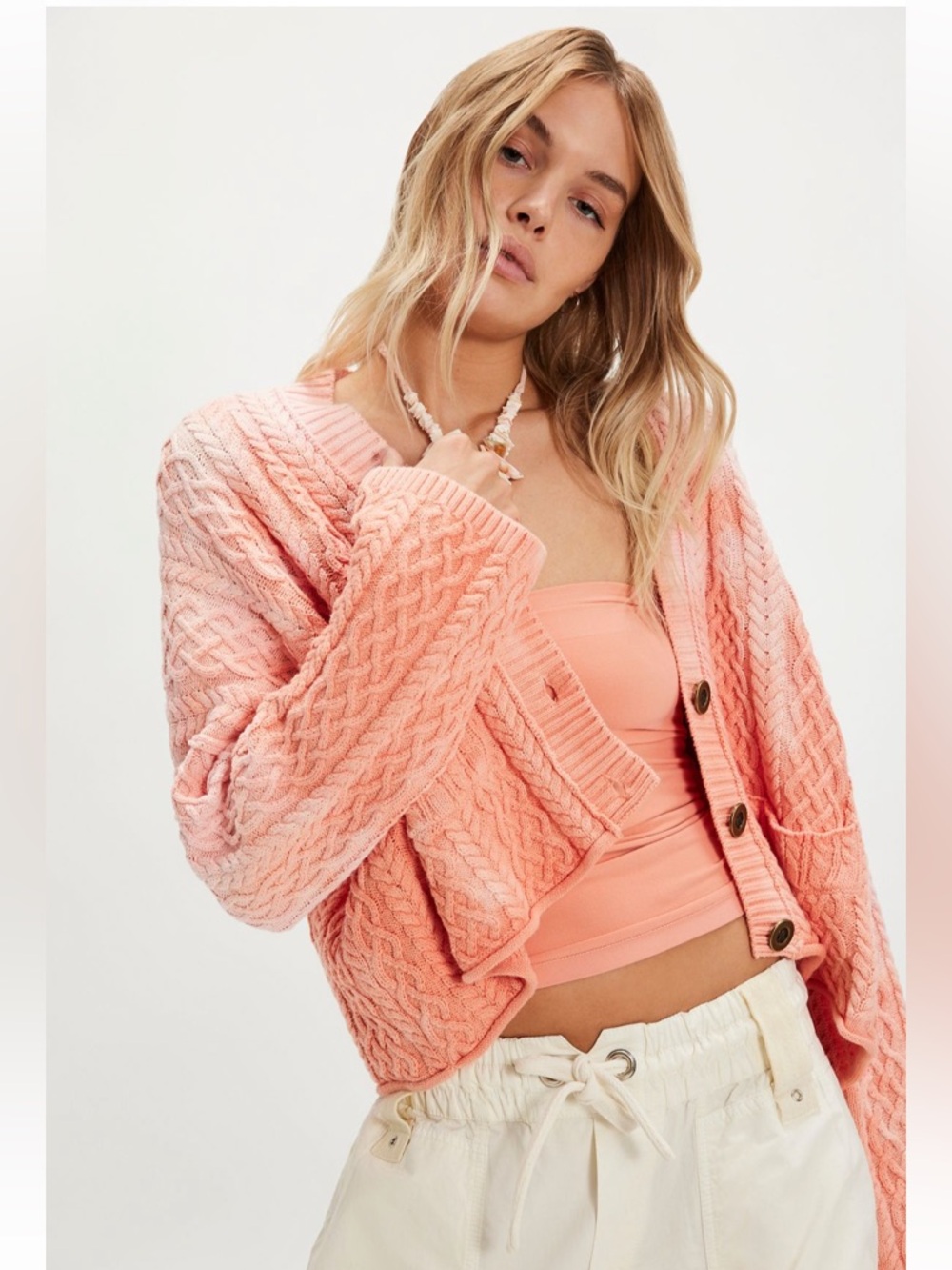 NWT Free People Washed Ashore Cable Knit Cardi Size Small in Pink Cloud Combo